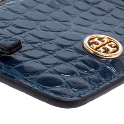 Pre Owned محفظة بطاقات توري برش ووكر جلد نقشة التمساح أزرق بسحاب علوي