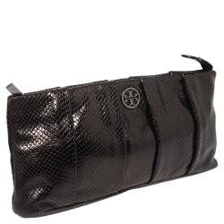 Pre Owned Tory Burch Black Python Embossed Leather Clutch