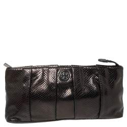 Pre Owned Tory Burch Black Python Embossed Leather Clutch