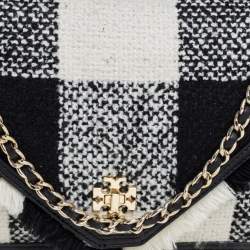 Pre Owned Tory Burch Black/White Checkered Tweed and Leather Kira Envelope Shoulder Bag