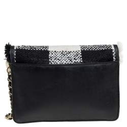 Pre Owned Tory Burch Black/White Checkered Tweed and Leather Kira Envelope Shoulder Bag