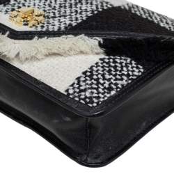Pre Owned Tory Burch Black/White Checkered Tweed and Leather Kira Envelope Shoulder Bag