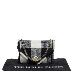 Pre Owned Tory Burch Black/White Checkered Tweed and Leather Kira Envelope Shoulder Bag