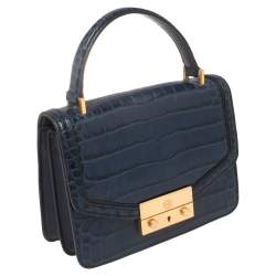 Pre Owned Tory Burch Blue Crocodile Embossed Leather Mini Juliette Top Handle Bag