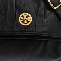 Pre Owned Tory Burch Black Leather Fold Over Messenger  Bag