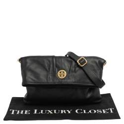 Pre Owned Tory Burch Black Leather Fold Over Messenger  Bag