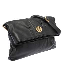 Pre Owned Tory Burch Black Leather Fold Over Messenger  Bag