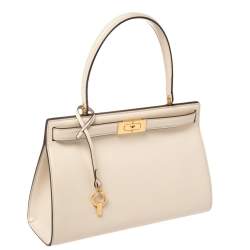 Pre Owned Tory Burch Cream Leather Small Lee Radziwill Top Handle Bag