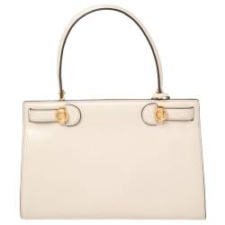 Pre Owned Tory Burch Cream Leather Small Lee Radziwill Top Handle Bag