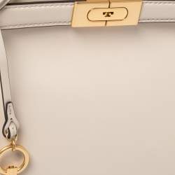 Pre Owned Tory Burch Cream Leather Small Lee Radziwill Top Handle Bag
