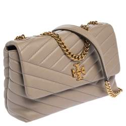 Pre Owned Tory Burch Grey Chevron Leather Small Kira Shoulder Bag