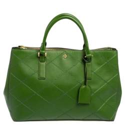 Tory Burch Green Leather Large Robinson  Double Zip Satchel 