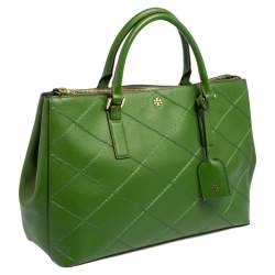 Tory Burch Green Leather Large Robinson  Double Zip Satchel 