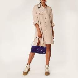 Pre Owned Tory Burch Purple Patent Leather Logo Embossed Flap Chain Clutch