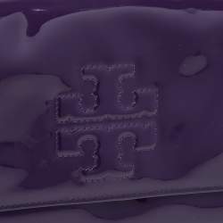 Pre Owned Tory Burch Purple Patent Leather Logo Embossed Flap Chain Clutch