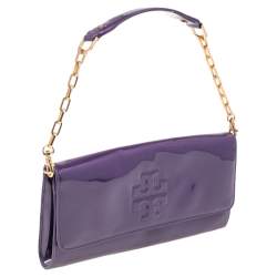 Pre Owned Tory Burch Purple Patent Leather Logo Embossed Flap Chain Clutch