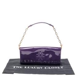 Pre Owned Tory Burch Purple Patent Leather Logo Embossed Flap Chain Clutch