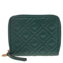 Pre Owned Tory Burch Green Leather Fleming Zip Around Wallet