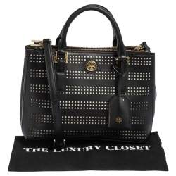 مملوكة مسبقًا Tory Burch Black Perforated Leather Small Robinson Double Zip Tote