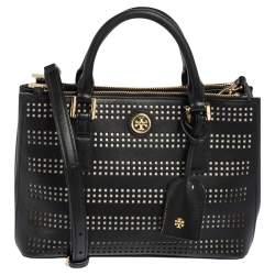 مملوكة مسبقًا Tory Burch Black Perforated Leather Small Robinson Double Zip Tote
