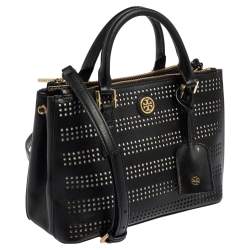 مملوكة مسبقًا Tory Burch Black Perforated Leather Small Robinson Double Zip Tote