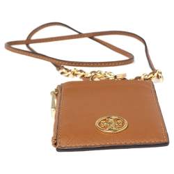 Pre Owned حافظة بطاقات توري برش لانيارد جلد بني فاتح