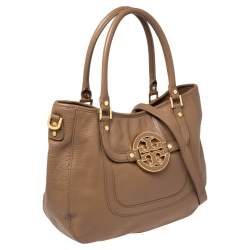 Pre Owned Tory Burch Dark Beige Leather Amanda Hobo