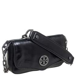 Pre Owned Tory Burch Black Leather Robinson Flap Crossbody Bag