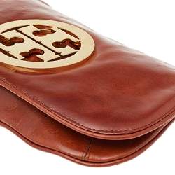 Pre Owned Tory Burch Brown Leather Reva Flap Clutch