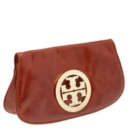 Pre Owned Tory Burch Brown Leather Reva Flap Clutch