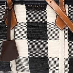 مملوكة مسبقًا Tory Burch Black/Ivory Woven Fabric And Leather Perry Gingham Small Tote