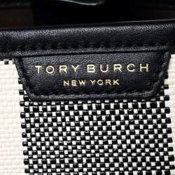 مملوكة مسبقًا Tory Burch Black/Ivory Woven Fabric And Leather Perry Gingham Small Tote