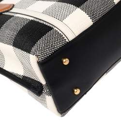 مملوكة مسبقًا Tory Burch Black/Ivory Woven Fabric And Leather Perry Gingham Small Tote