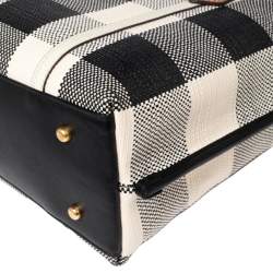 مملوكة مسبقًا Tory Burch Black/Ivory Woven Fabric And Leather Perry Gingham Small Tote