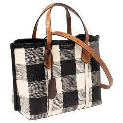 مملوكة مسبقًا Tory Burch Black/Ivory Woven Fabric And Leather Perry Gingham Small Tote