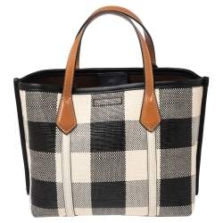 مملوكة مسبقًا Tory Burch Black/Ivory Woven Fabric And Leather Perry Gingham Small Tote