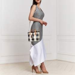 مملوكة مسبقًا Tory Burch Black/Ivory Woven Fabric And Leather Perry Gingham Small Tote