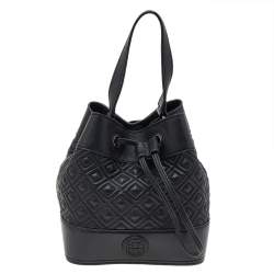 Pre Owned Tory Burch Black Leather Drawstring Bucket Bag