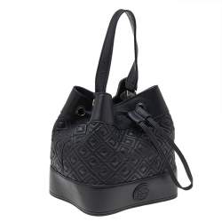 Pre Owned Tory Burch Black Leather Drawstring Bucket Bag