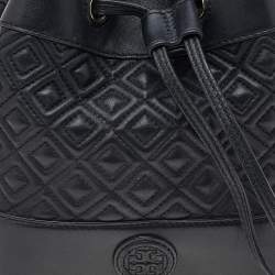 Pre Owned Tory Burch Black Leather Drawstring Bucket Bag