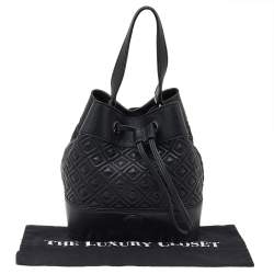 Pre Owned Tory Burch Black Leather Drawstring Bucket Bag