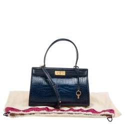 Pre Owned Tory Burch Blue Crocodile Embossed Leather Lee Radziwill Top Handle Bag
