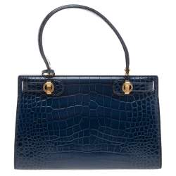 Pre Owned Tory Burch Blue Crocodile Embossed Leather Lee Radziwill Top Handle Bag