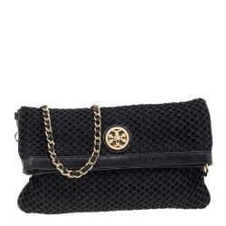 Pre Owned Tory Burch Black Fabric And Leather Amanda Foldover Crossbody Bag