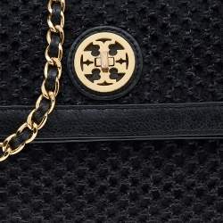 Pre Owned Tory Burch Black Fabric And Leather Amanda Foldover Crossbody Bag