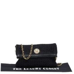 Pre Owned Tory Burch Black Fabric And Leather Amanda Foldover Crossbody Bag