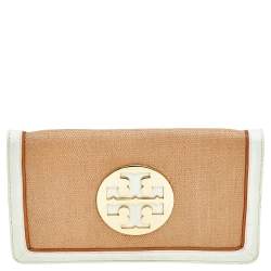 Pre Owned Tory Burch Beige/Off White Raffia And Patent Leather Reva Foldover Clutch