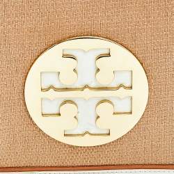 Pre Owned Tory Burch Beige/Off White Raffia And Patent Leather Reva Foldover Clutch