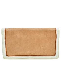 Pre Owned Tory Burch Beige/Off White Raffia And Patent Leather Reva Foldover Clutch