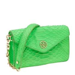 Pre Owned Tory Burch Neon Green Python Embossed Leather Miniature Crossbody Bag